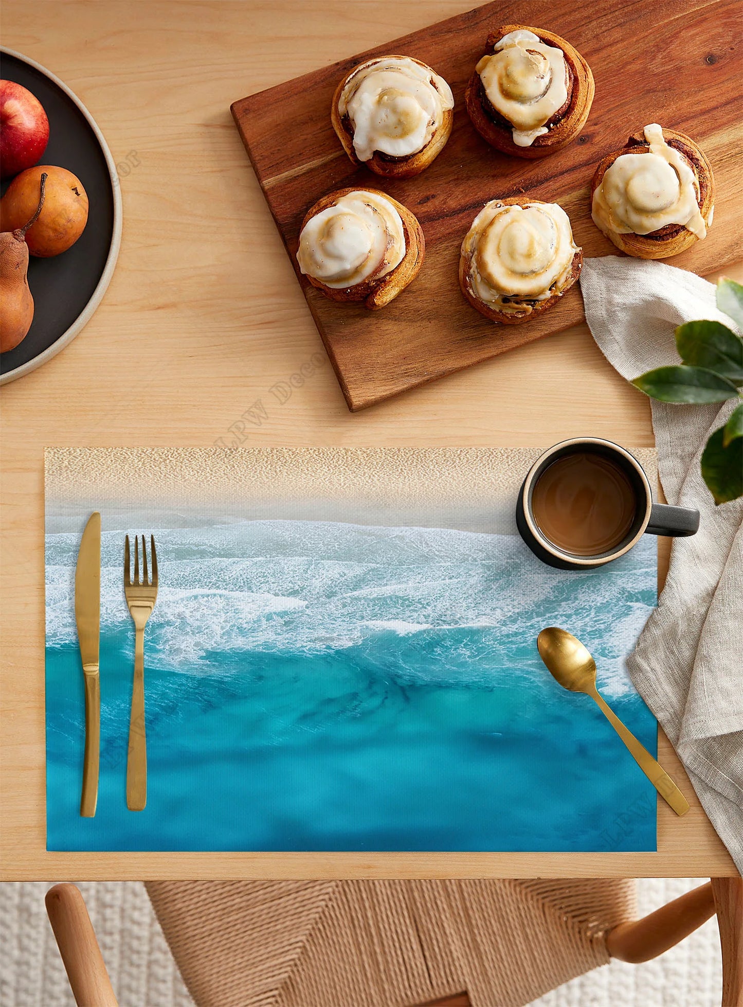 Beach themed 4/6 Pcs Placemat Ocean Beach Waves Kitchen Placemat Home Decoration Dining Table Mats Coffee Coaster Mat