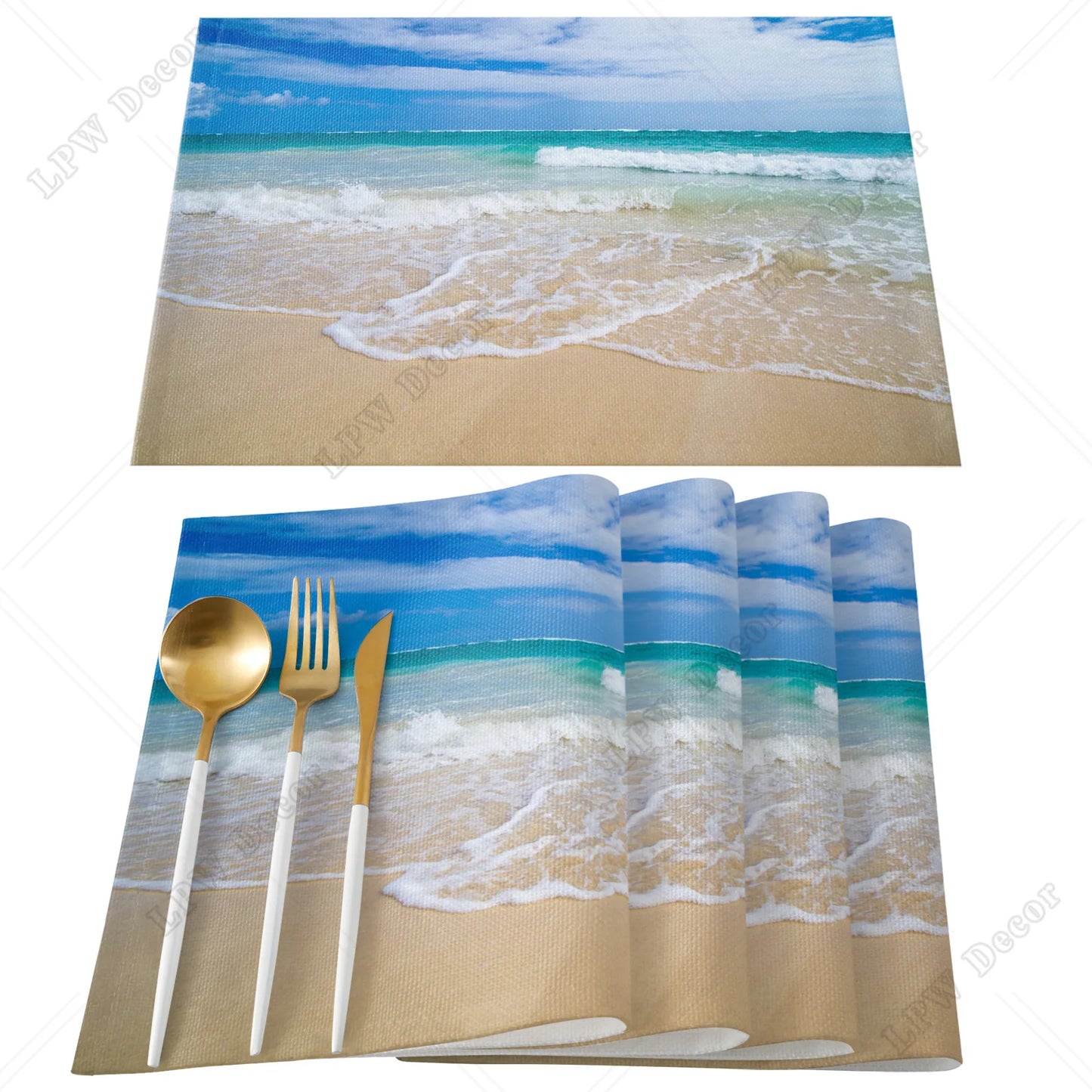 Beach themed 4/6 Pcs Placemat Ocean Beach Waves Kitchen Placemat Home Decoration Dining Table Mats Coffee Coaster Mat