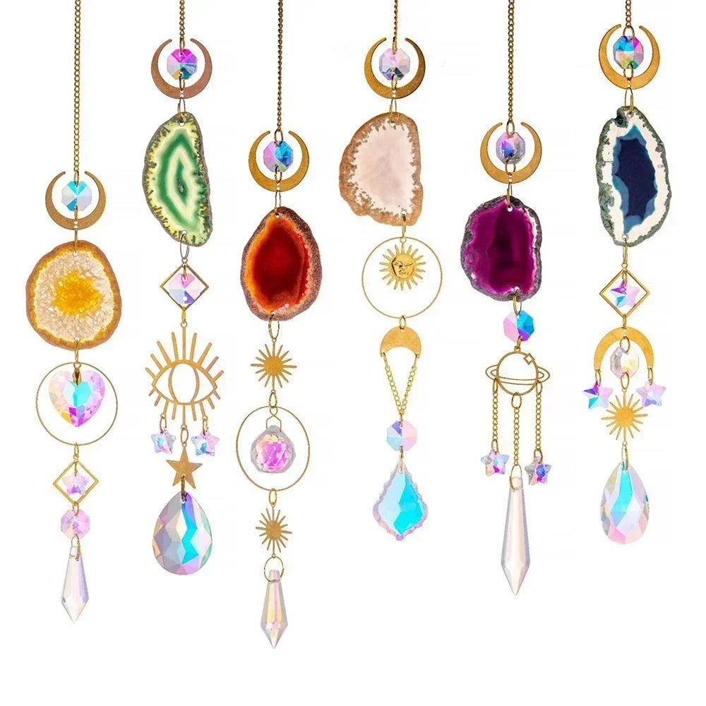 Natural Stones Agate Sun Catcher Rainbow Maker Hanging Crystal Witch Suncatcher Windchime Wall Gift Colorful Room Decoration