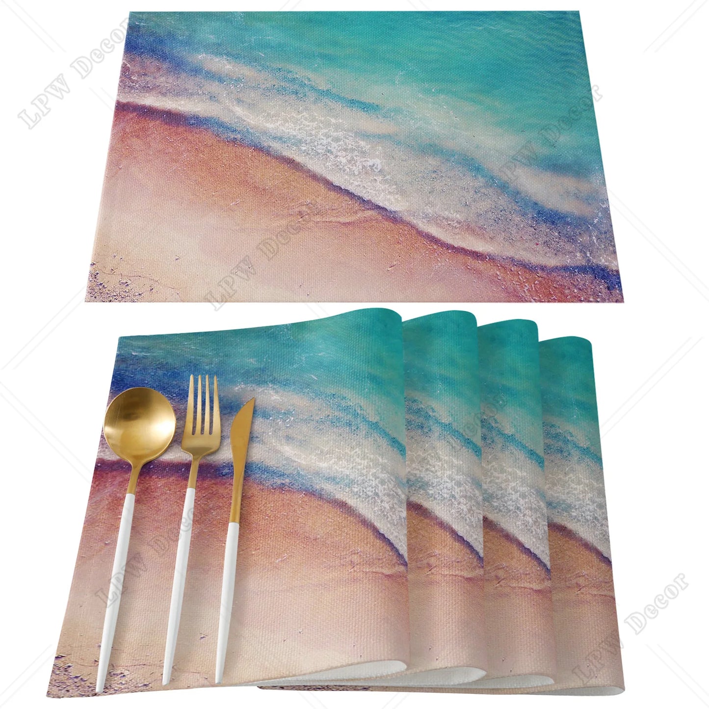 Beach themed 4/6 Pcs Placemat Ocean Beach Waves Kitchen Placemat Home Decoration Dining Table Mats Coffee Coaster Mat