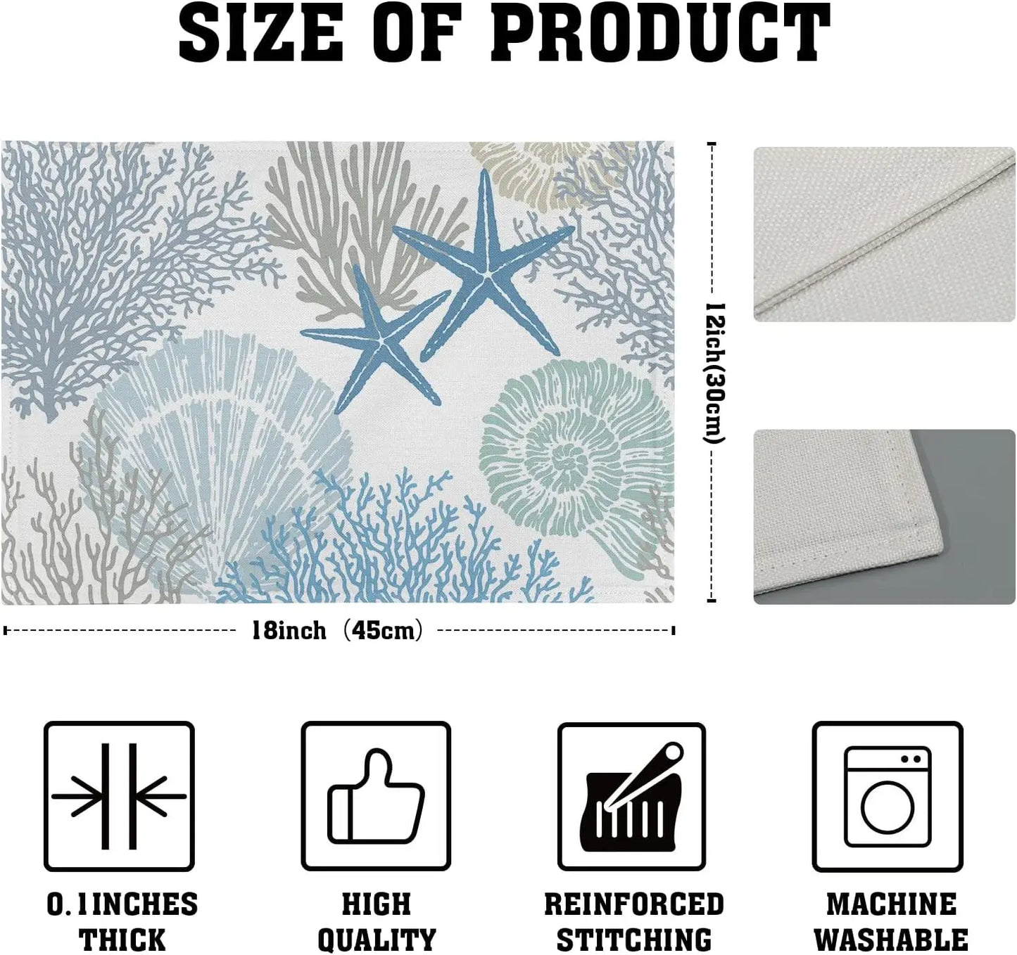 Placemats Set of 4 Starfish Beach Theme Ocean Seashell Washable Non-Slip Heat Resistant 12×18in Coastal Summer Thick Place Mats