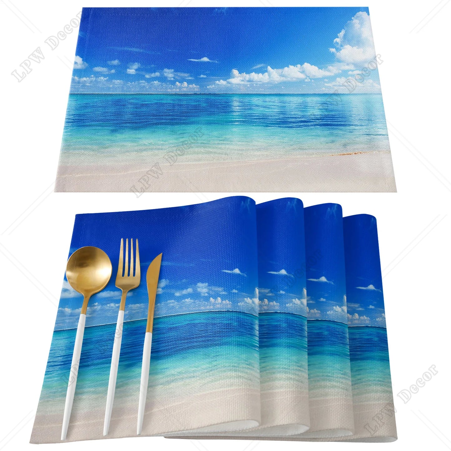 Beach themed 4/6 Pcs Placemat Ocean Beach Waves Kitchen Placemat Home Decoration Dining Table Mats Coffee Coaster Mat