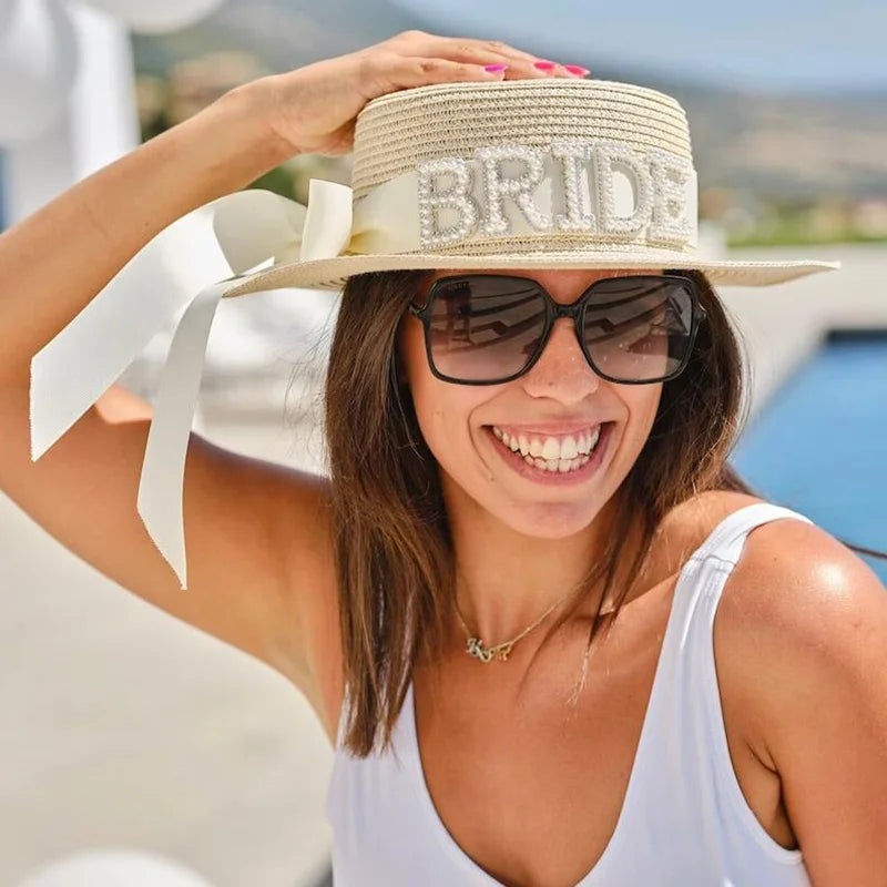Pearl Bride sun Hat summer beach pool Wedding engagement Bachelorette hen Party Bridal Shower honeymoon Travel decoration gift