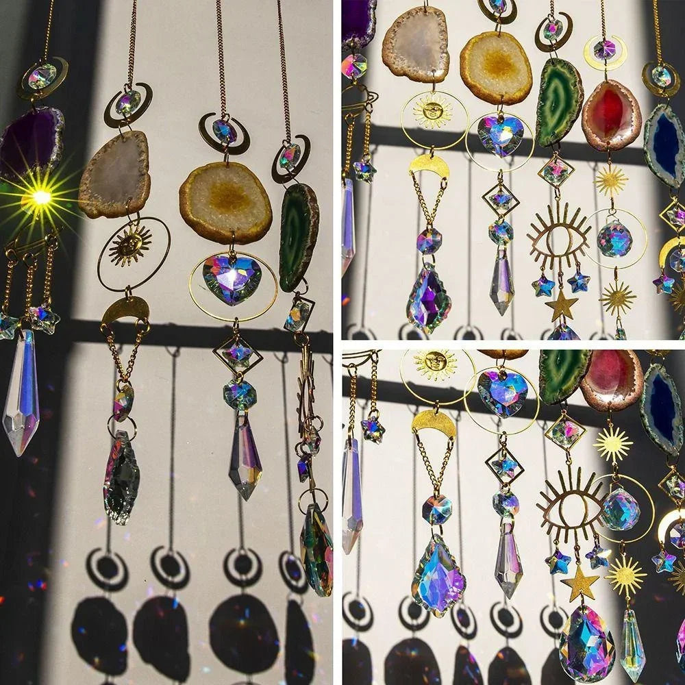 Natural Stones Agate Sun Catcher Rainbow Maker Hanging Crystal Witch Suncatcher Windchime Wall Gift Colorful Room Decoration