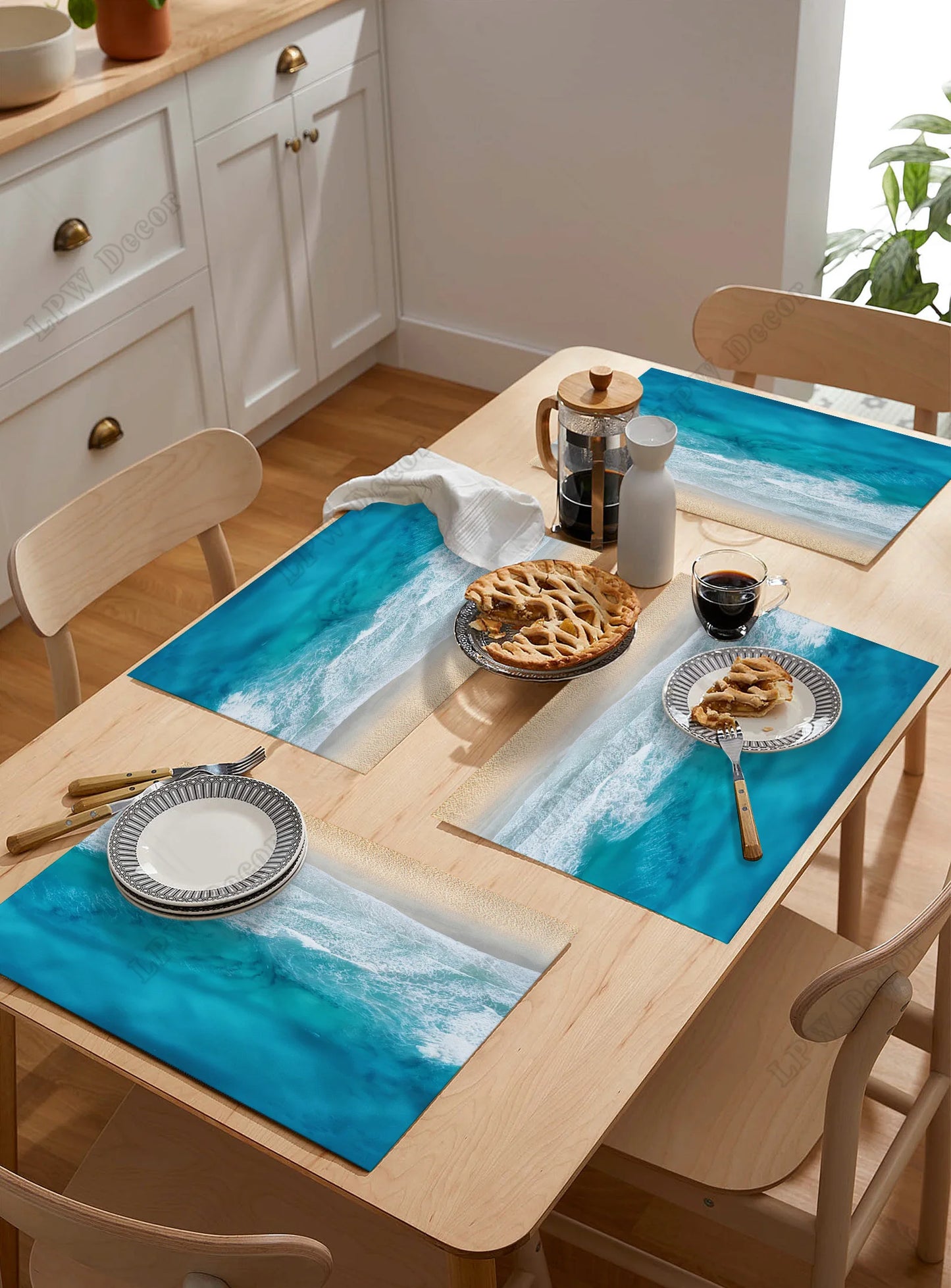 Beach themed 4/6 Pcs Placemat Ocean Beach Waves Kitchen Placemat Home Decoration Dining Table Mats Coffee Coaster Mat