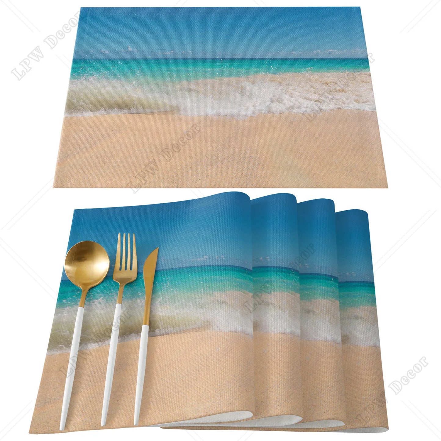 Beach themed 4/6 Pcs Placemat Ocean Beach Waves Kitchen Placemat Home Decoration Dining Table Mats Coffee Coaster Mat