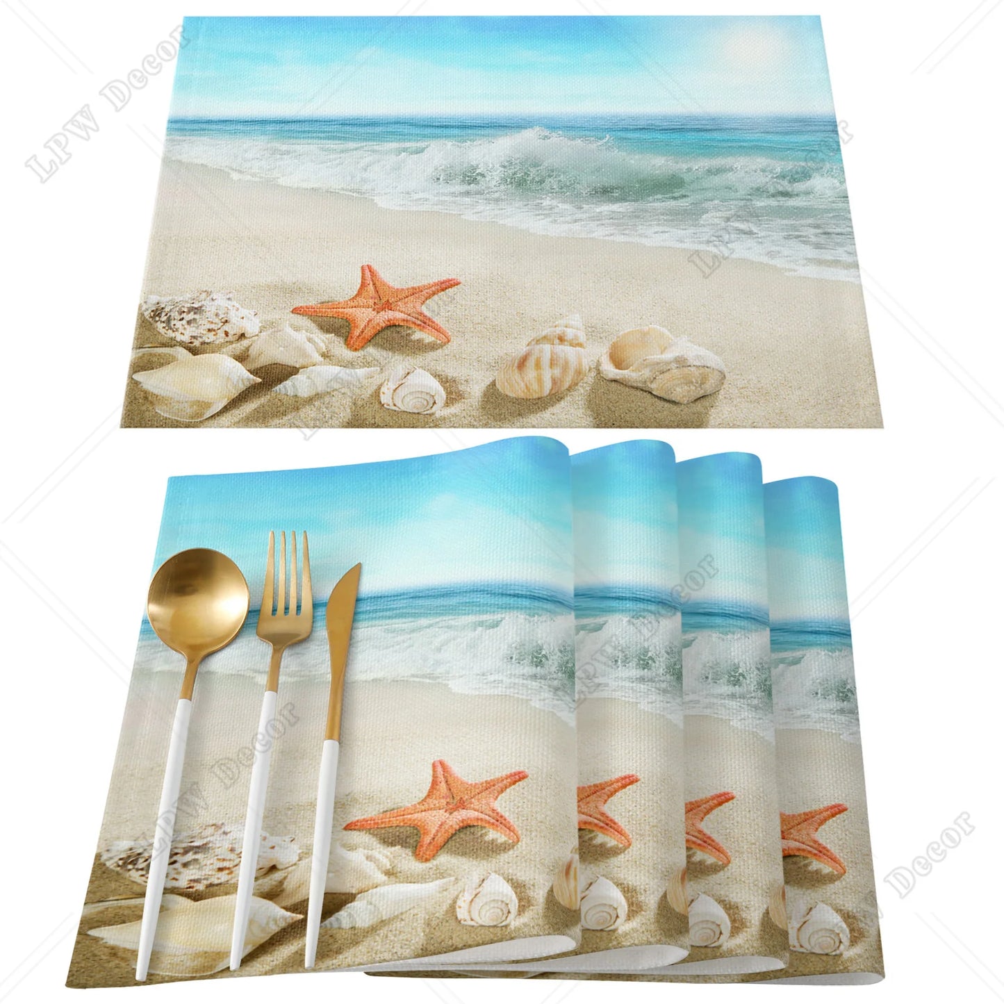 Beach themed 4/6 Pcs Placemat Ocean Beach Waves Kitchen Placemat Home Decoration Dining Table Mats Coffee Coaster Mat