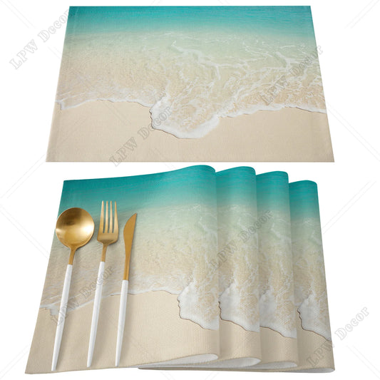 Beach themed 4/6 Pcs Placemat Ocean Beach Waves Kitchen Placemat Home Decoration Dining Table Mats Coffee Coaster Mat