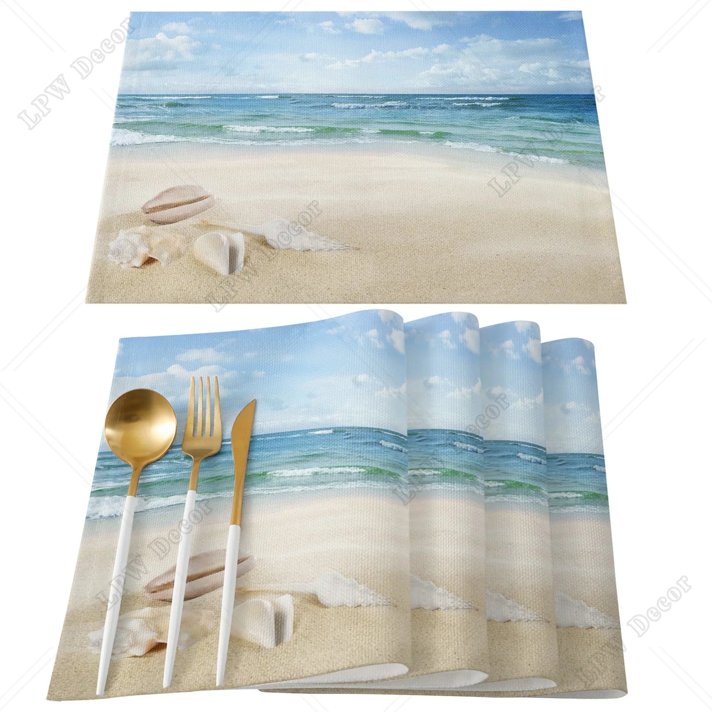 Beach themed 4/6 Pcs Placemat Ocean Beach Waves Kitchen Placemat Home Decoration Dining Table Mats Coffee Coaster Mat