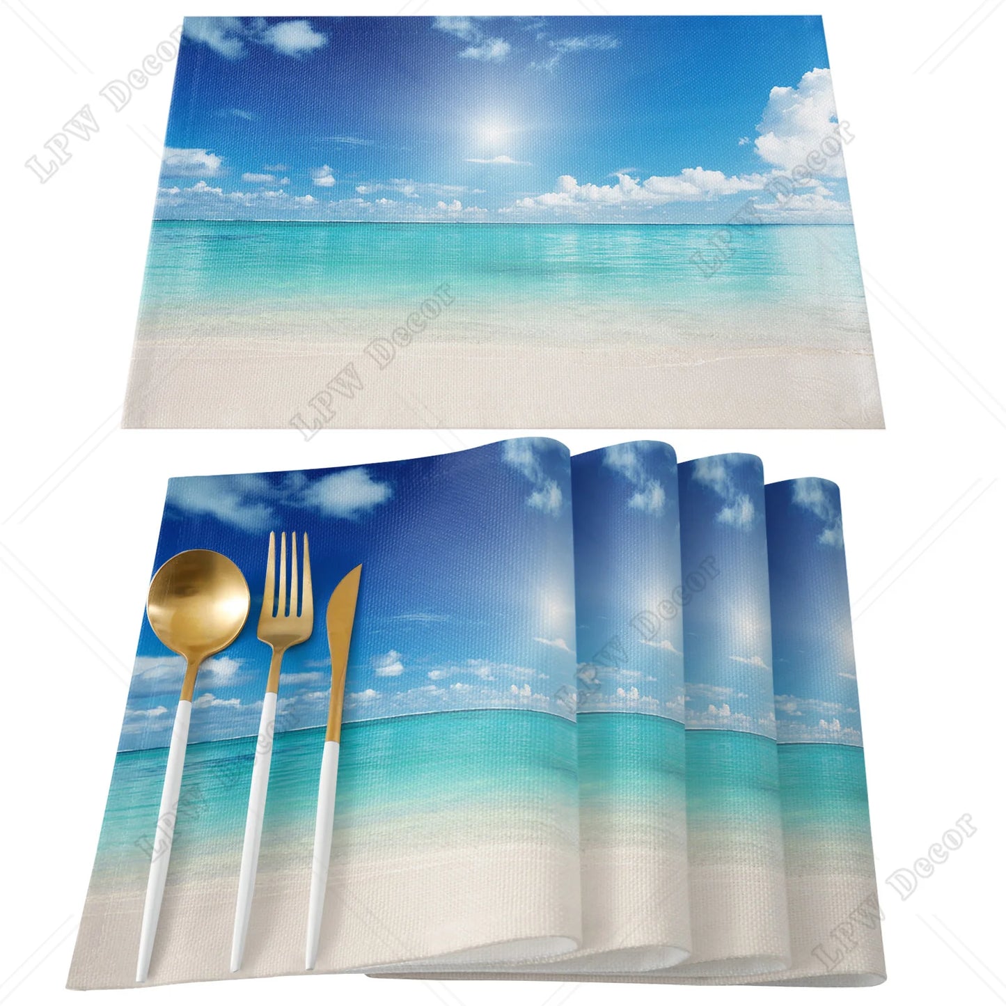 Beach themed 4/6 Pcs Placemat Ocean Beach Waves Kitchen Placemat Home Decoration Dining Table Mats Coffee Coaster Mat