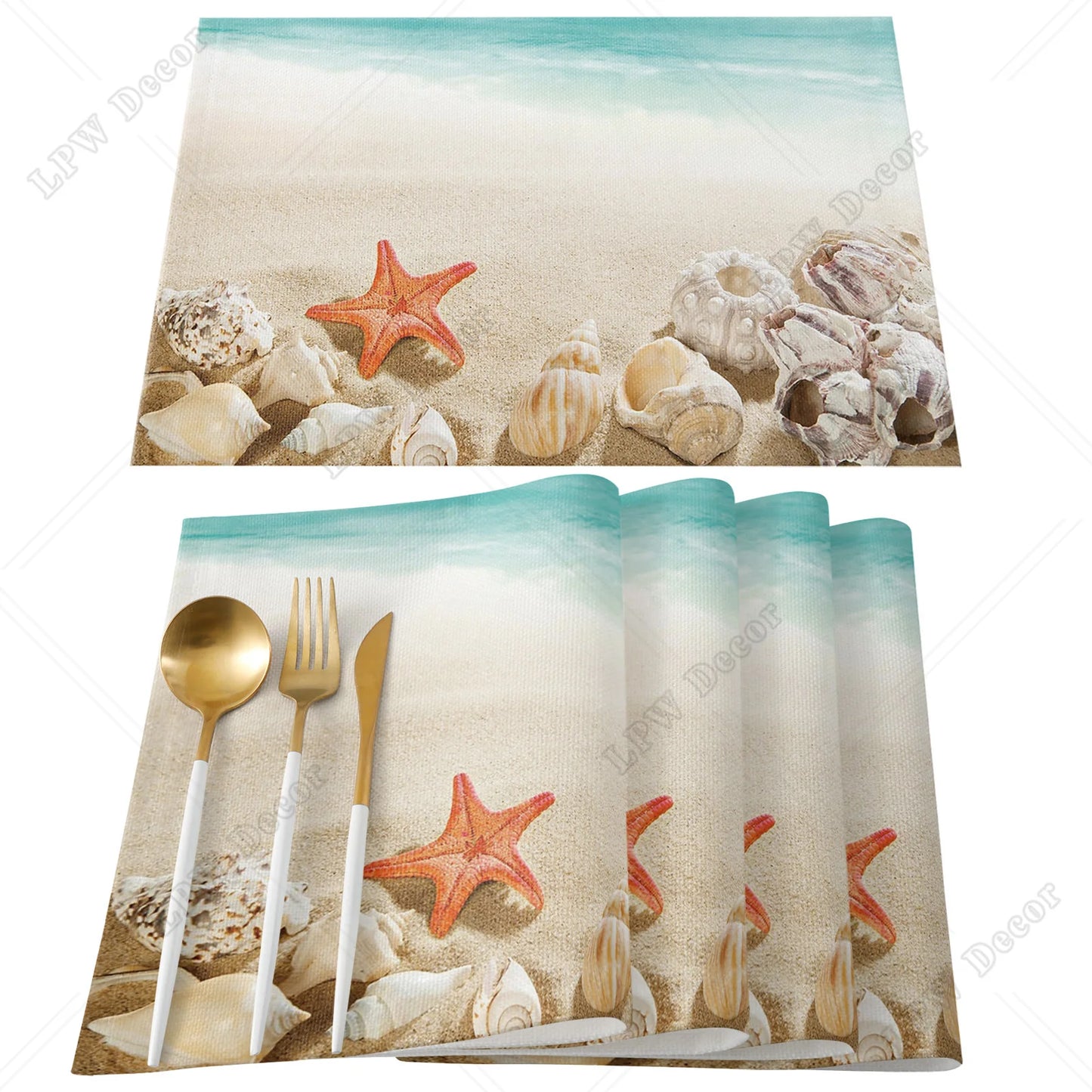 Beach themed 4/6 Pcs Placemat Ocean Beach Waves Kitchen Placemat Home Decoration Dining Table Mats Coffee Coaster Mat
