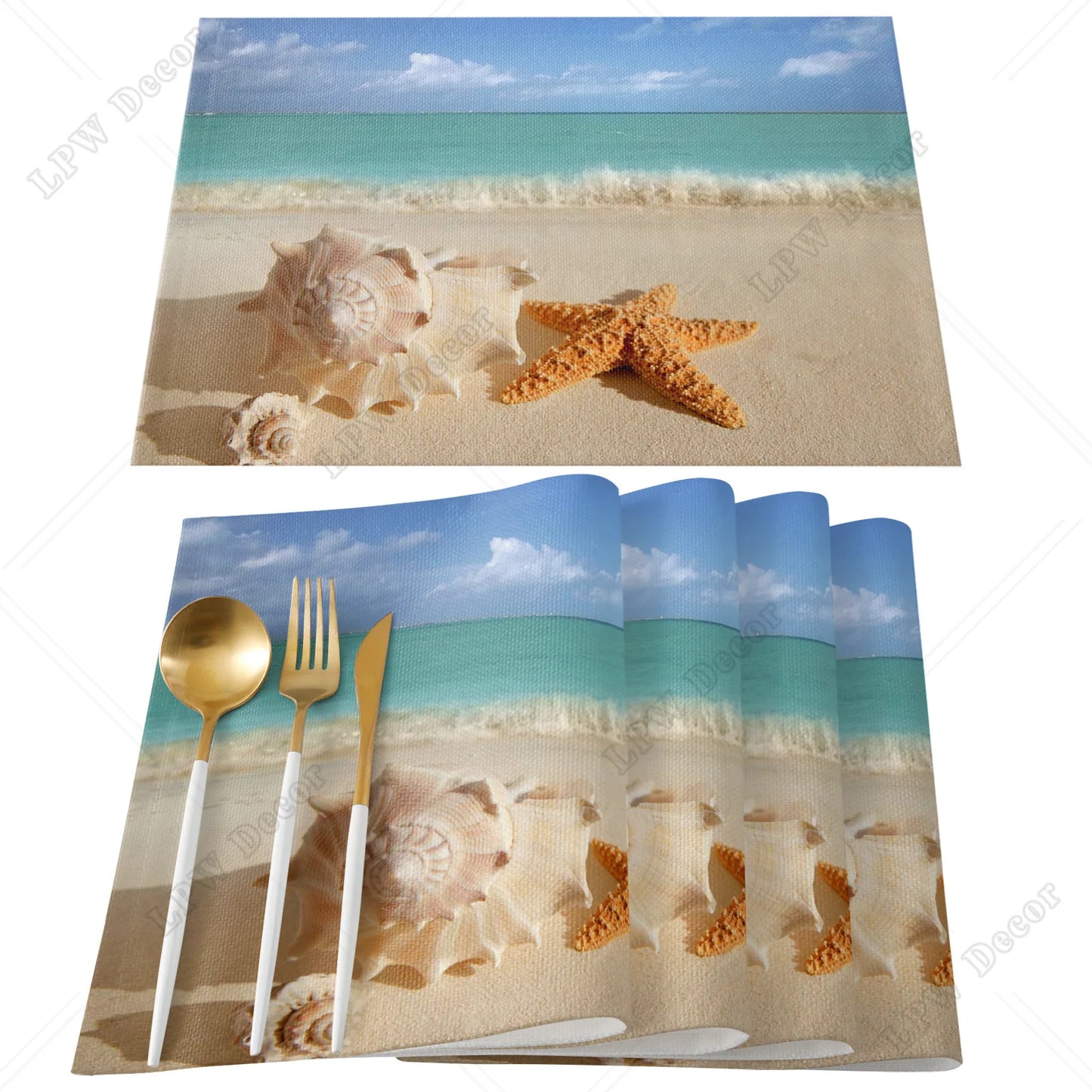 Beach themed 4/6 Pcs Placemat Ocean Beach Waves Kitchen Placemat Home Decoration Dining Table Mats Coffee Coaster Mat