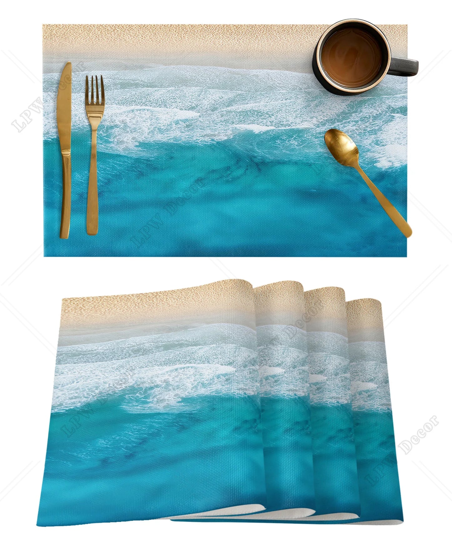 Beach themed 4/6 Pcs Placemat Ocean Beach Waves Kitchen Placemat Home Decoration Dining Table Mats Coffee Coaster Mat