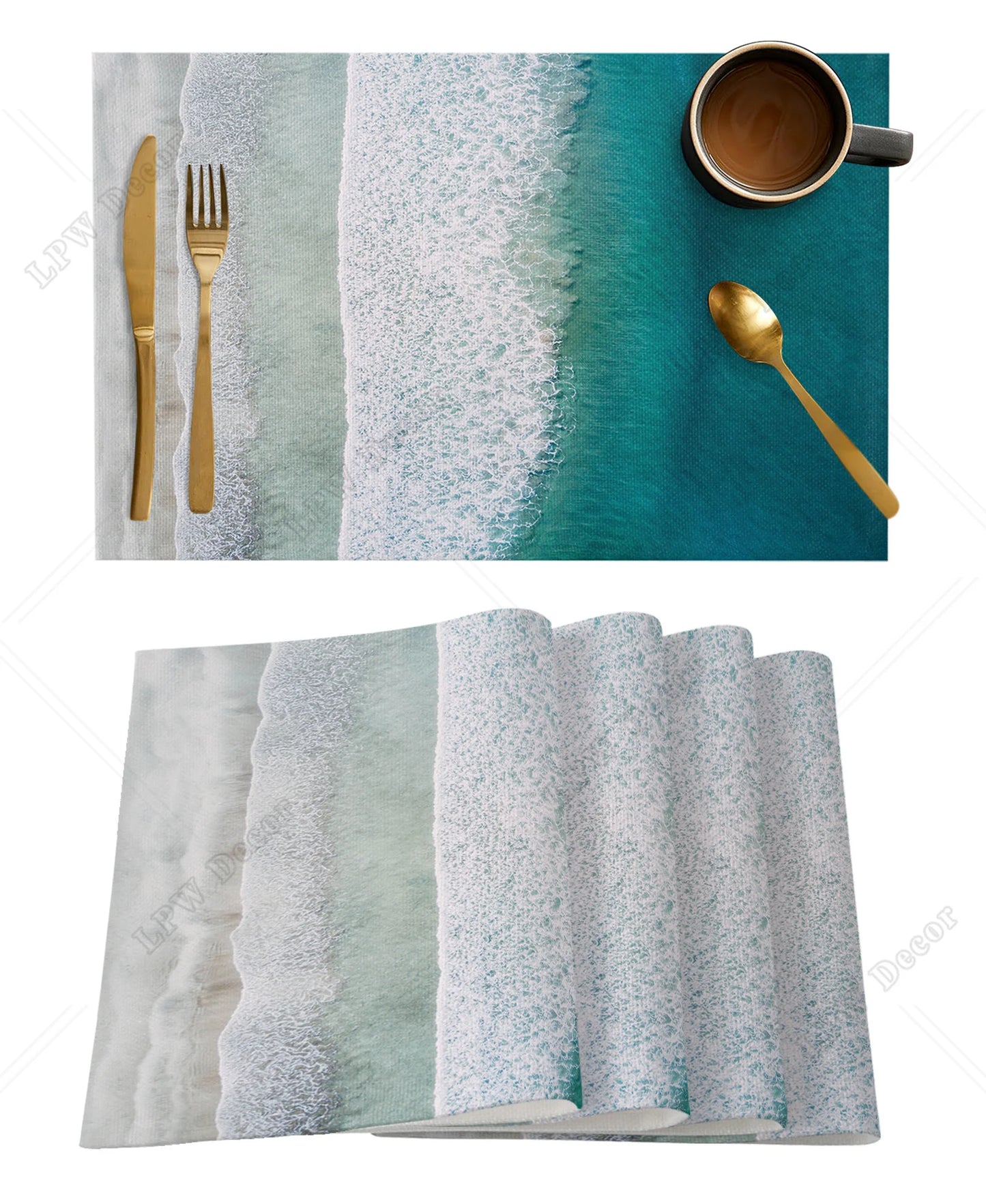 Beach themed 4/6 Pcs Placemat Ocean Beach Waves Kitchen Placemat Home Decoration Dining Table Mats Coffee Coaster Mat
