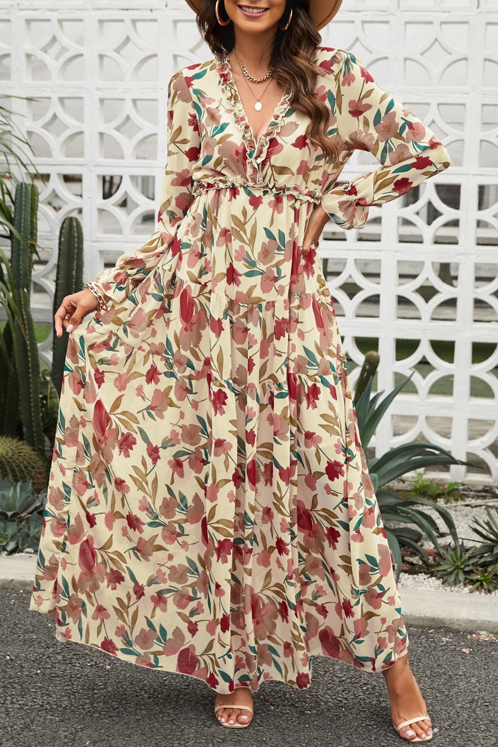 Beautiful Floral Frill Trim Flounce Sleeve Plunge Maxi Dress