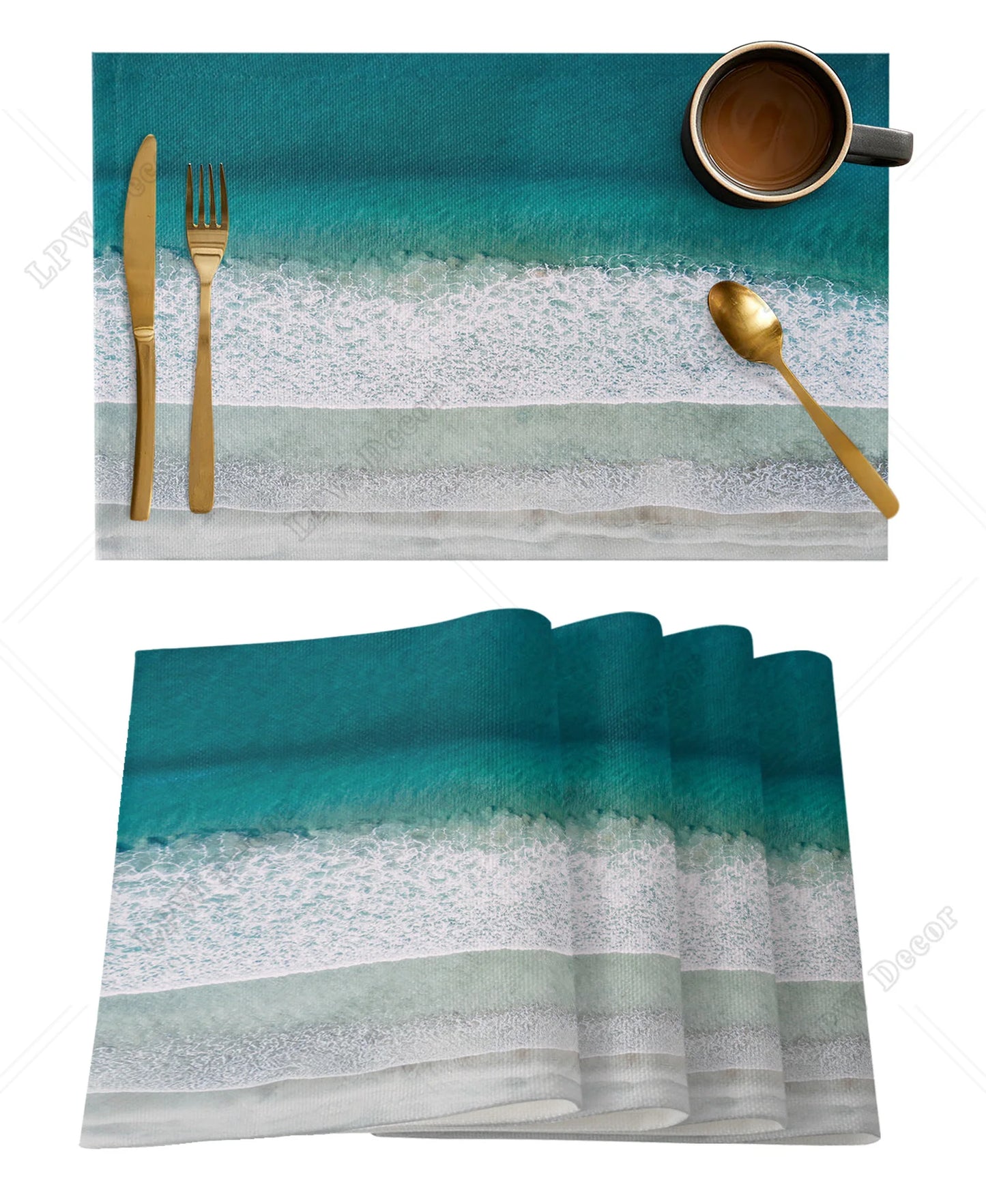 Beach themed 4/6 Pcs Placemat Ocean Beach Waves Kitchen Placemat Home Decoration Dining Table Mats Coffee Coaster Mat
