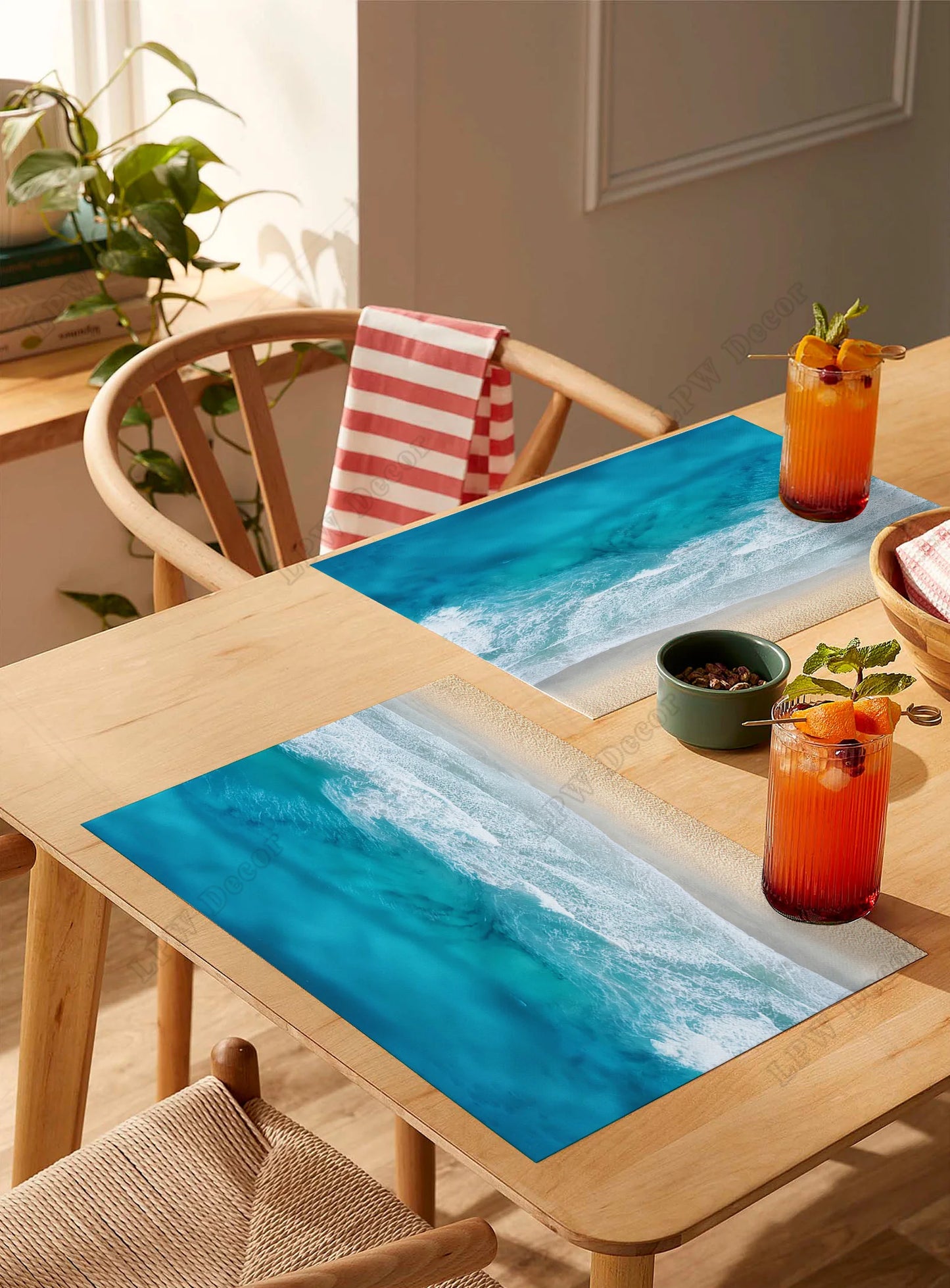 Beach themed 4/6 Pcs Placemat Ocean Beach Waves Kitchen Placemat Home Decoration Dining Table Mats Coffee Coaster Mat