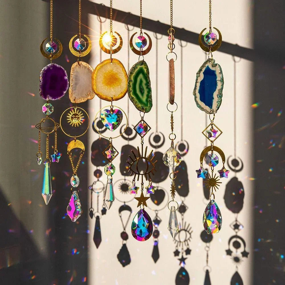 Natural Stones Agate Sun Catcher Rainbow Maker Hanging Crystal Witch Suncatcher Windchime Wall Gift Colorful Room Decoration