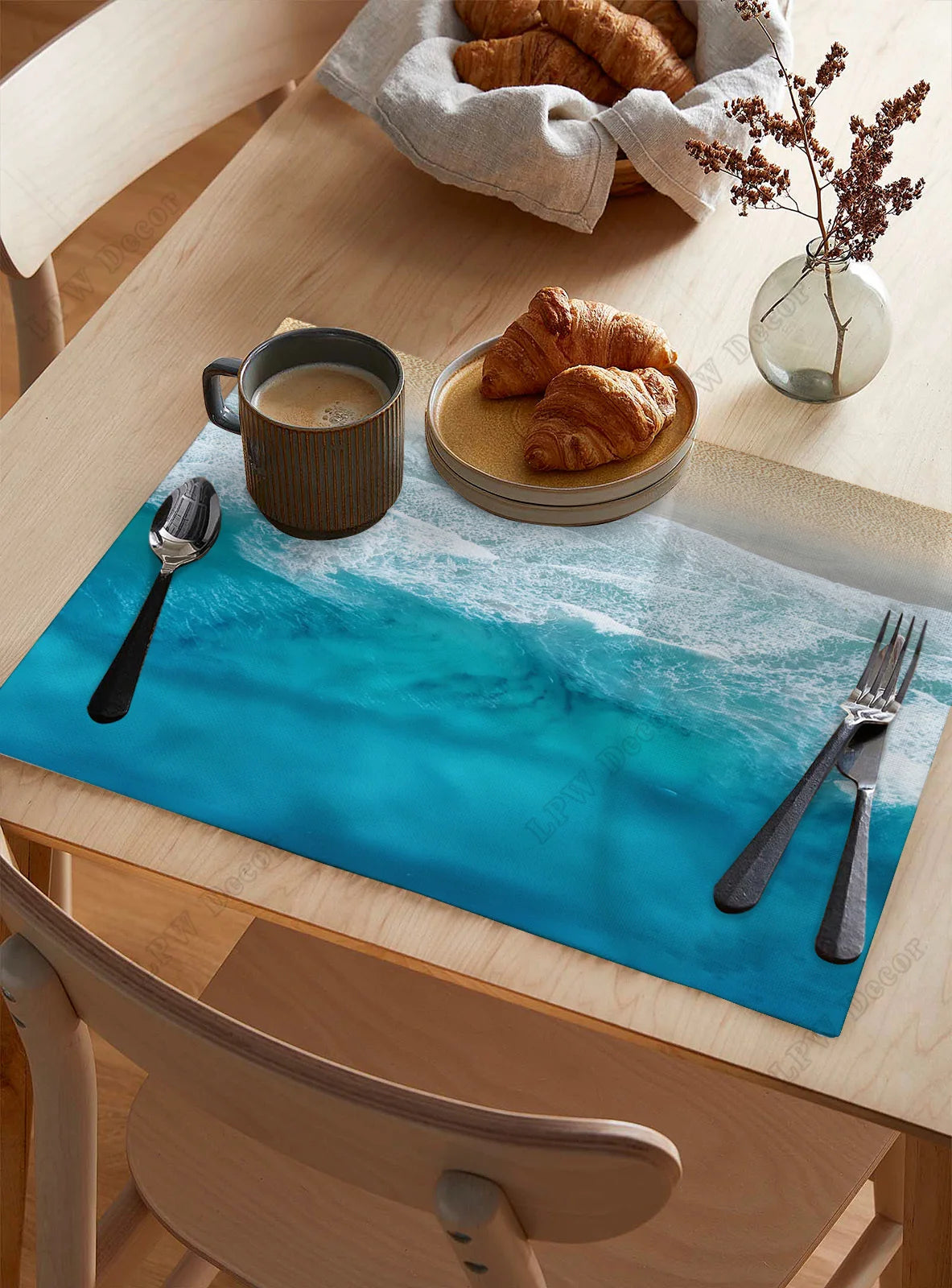 Beach themed 4/6 Pcs Placemat Ocean Beach Waves Kitchen Placemat Home Decoration Dining Table Mats Coffee Coaster Mat
