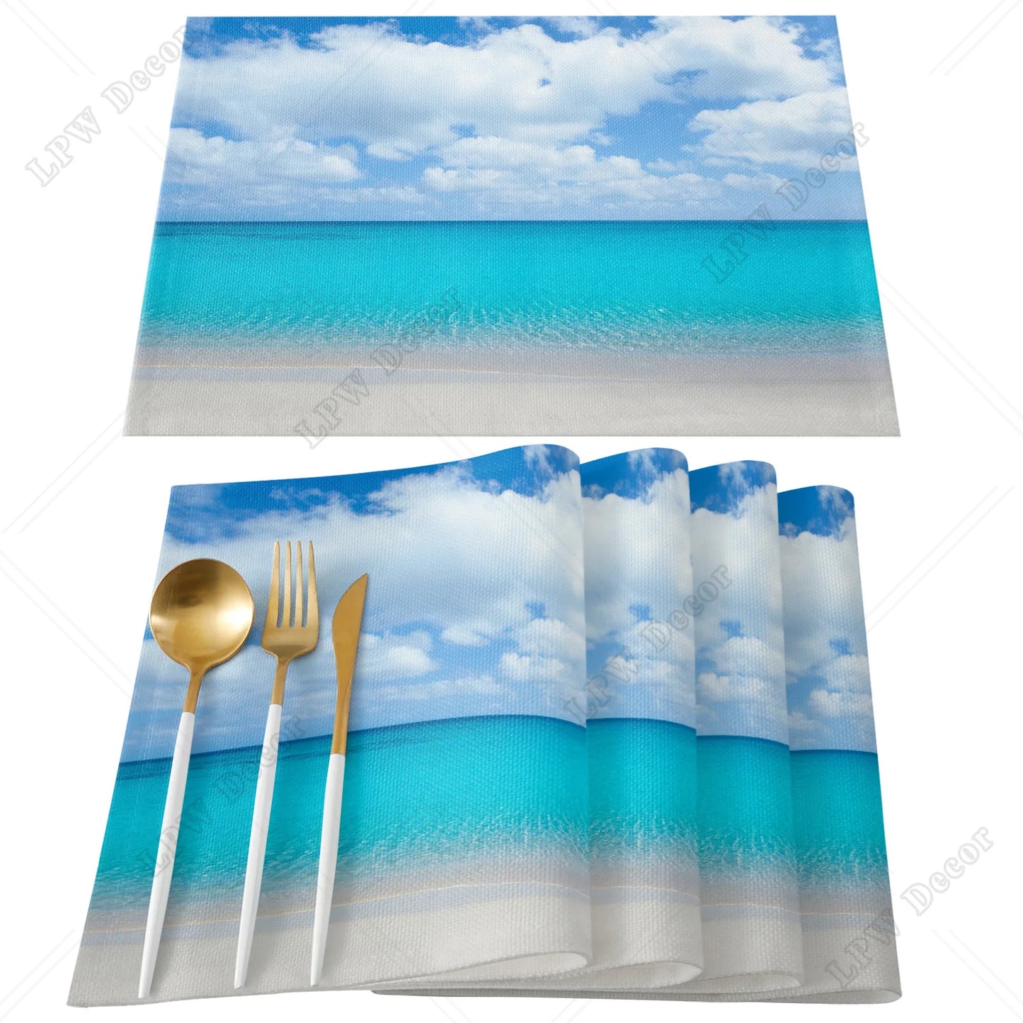 Beach themed 4/6 Pcs Placemat Ocean Beach Waves Kitchen Placemat Home Decoration Dining Table Mats Coffee Coaster Mat