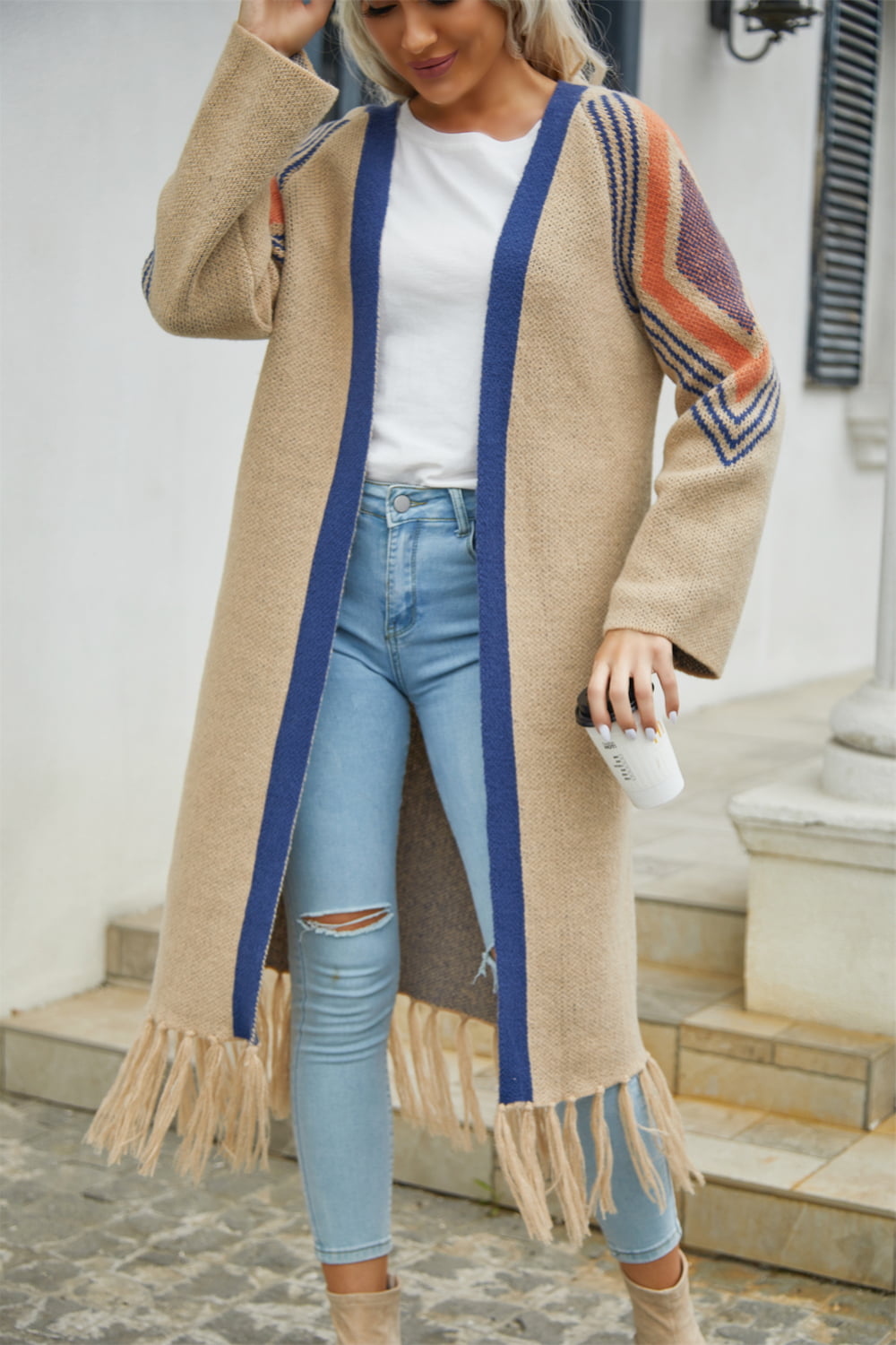 Cozy soft Fringe Hem Open Front Duster Cardigan