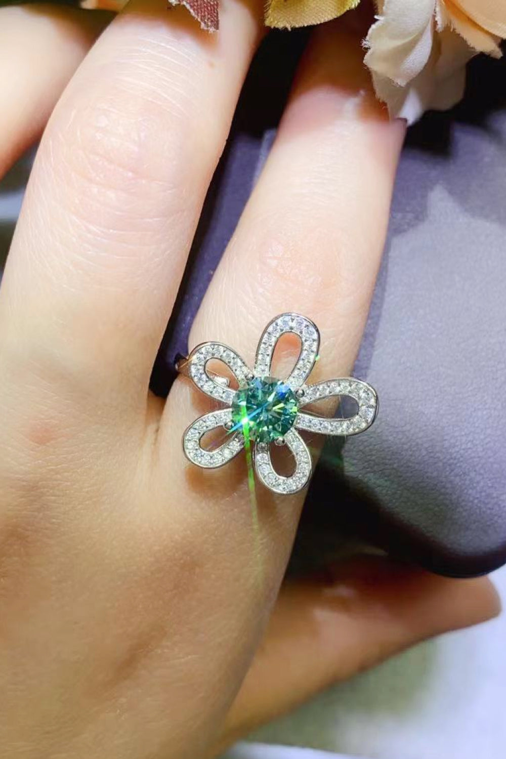 flower ring - 1 Carat Moissanite Flower Shape Open Ring