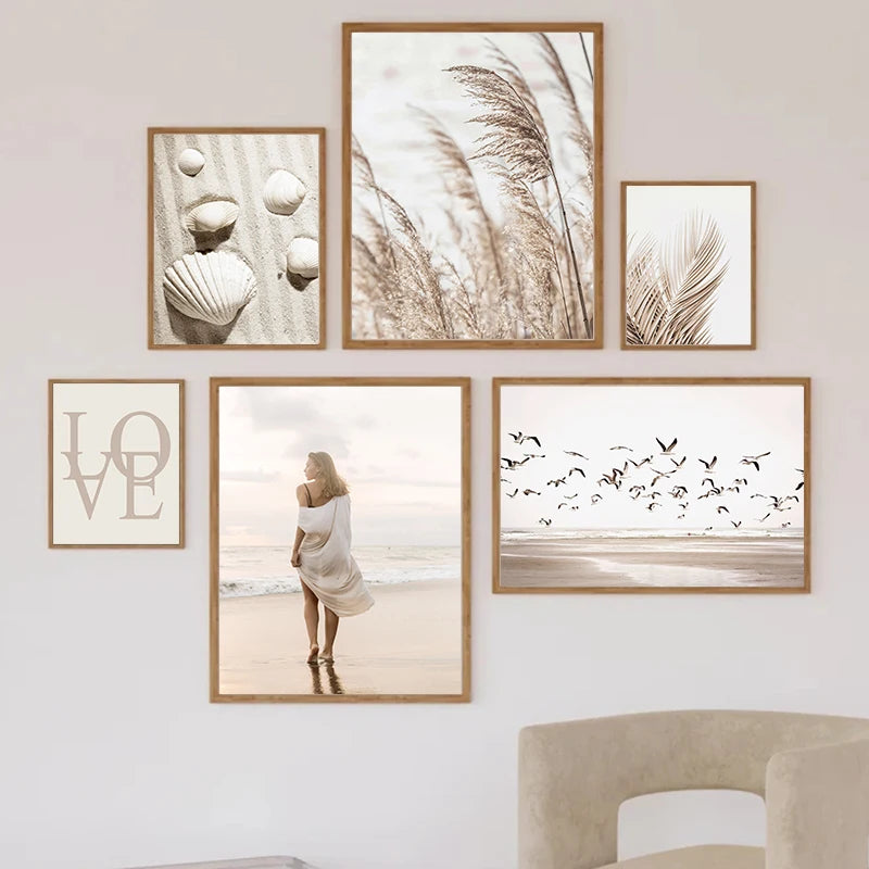 Beige Beach Girl Shell Nordic Canvas Wall Art Print Poster Landscape Leaf Reed Decor Painting Elegant Pictures for Living Room