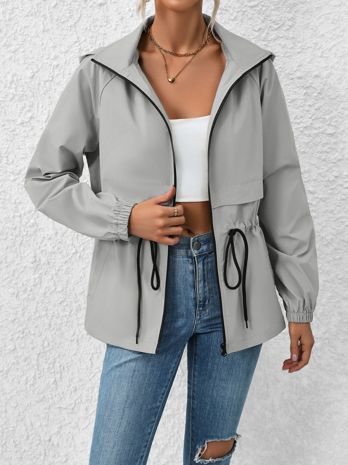 Ivy Lane Drawstring Zip Up Hooded Jacket