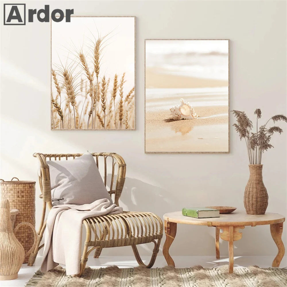 Boho Beige Beach Starfish Shells Reeds Bike Wall Art Canvas Painting Nordic Posters And Prints Pictures Living Room Home Decor