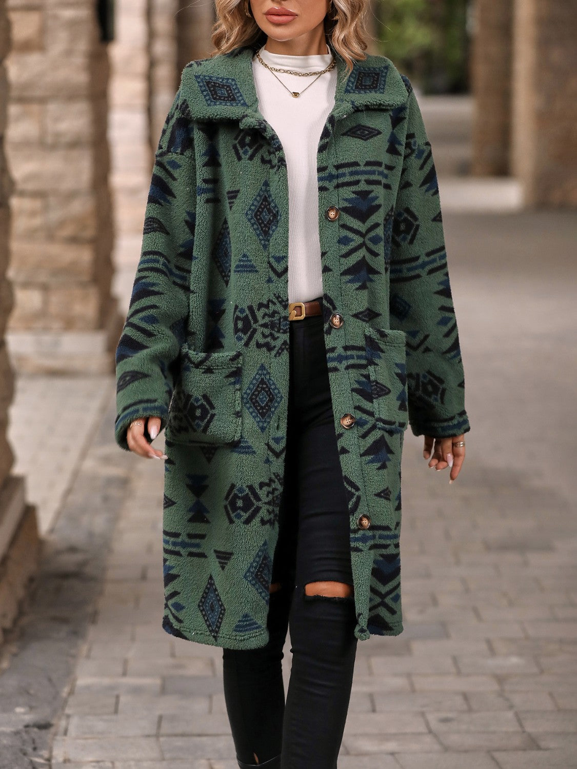 A Cozy Geometric Pocketed Dropped Shoulder Coat