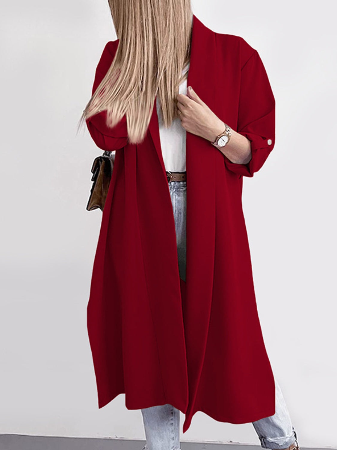 A Classic Slit Open Front Roll-Tab Sleeve Trench Coat