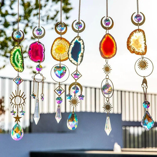 Natural Stones Agate Sun Catcher Rainbow Maker Hanging Crystal Witch Suncatcher Windchime Wall Gift Colorful Room Decoration