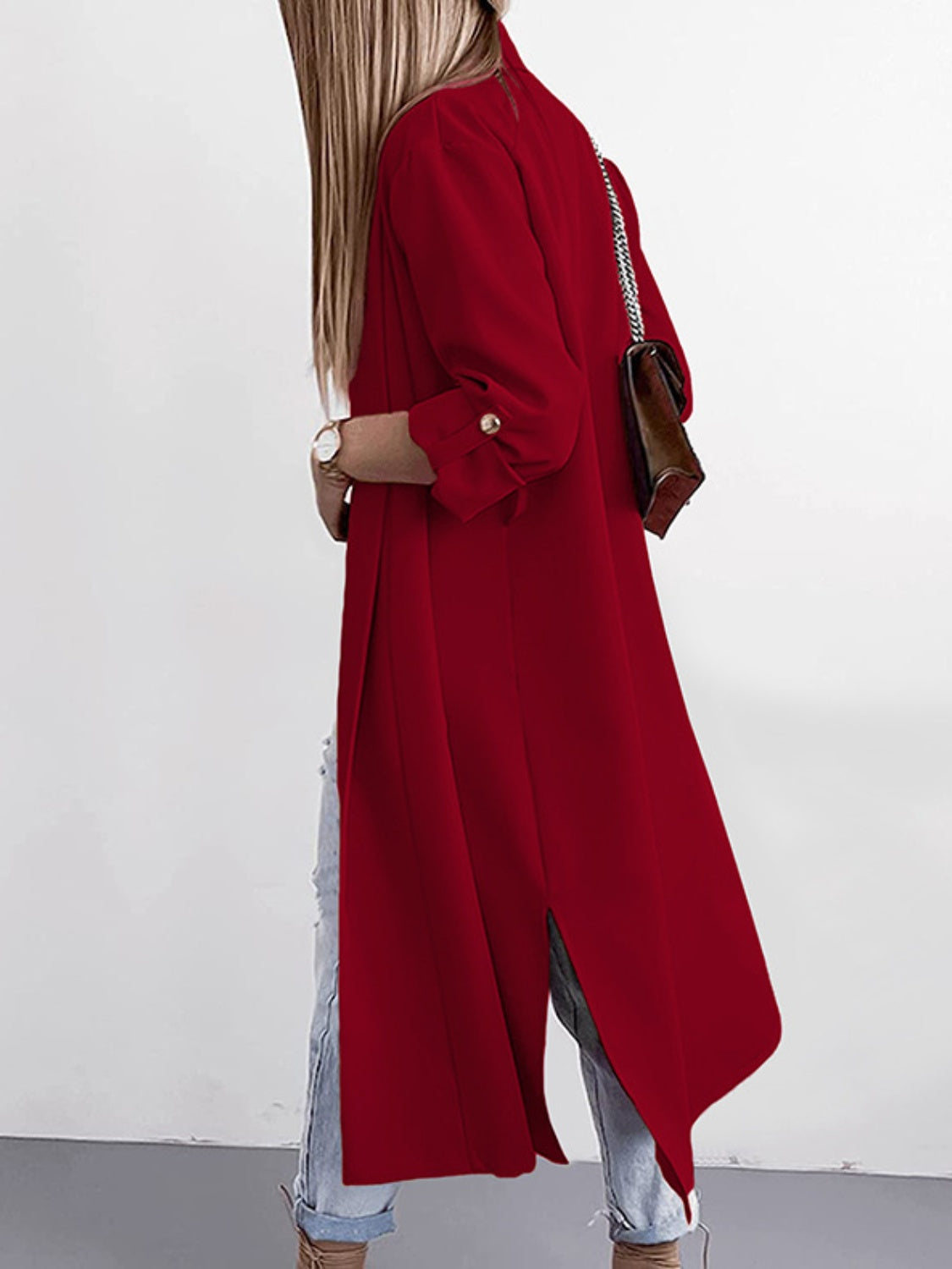 A Classic Slit Open Front Roll-Tab Sleeve Trench Coat