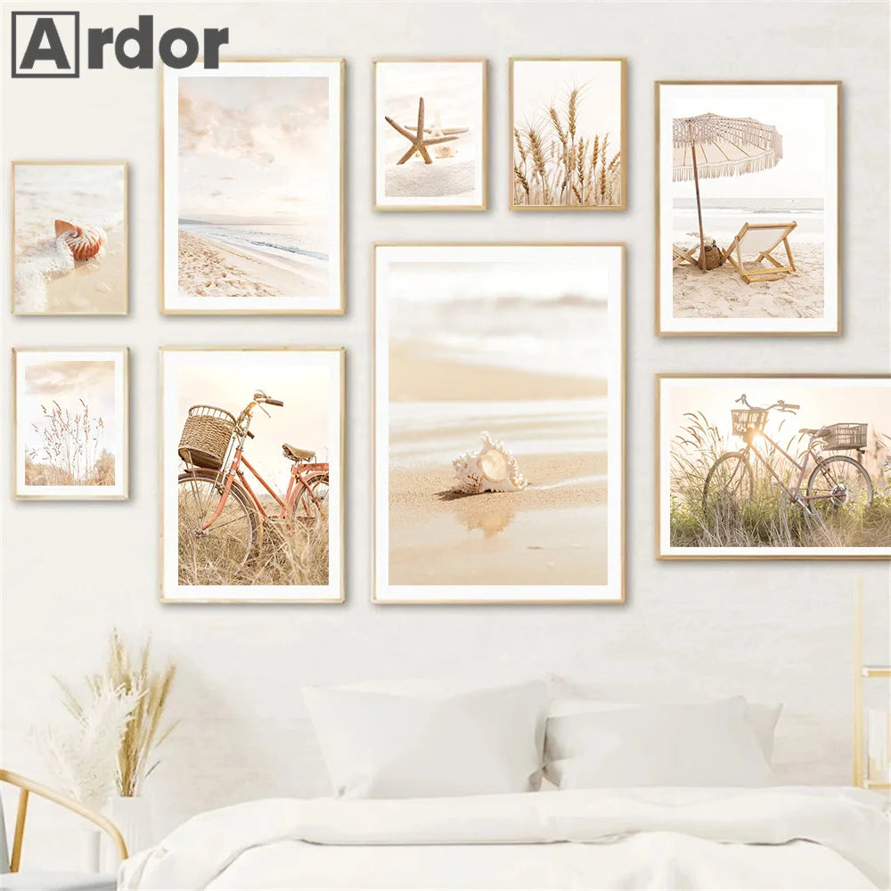 Boho Beige Beach Starfish Shells Reeds Bike Wall Art Canvas Painting Nordic Posters And Prints Pictures Living Room Home Decor