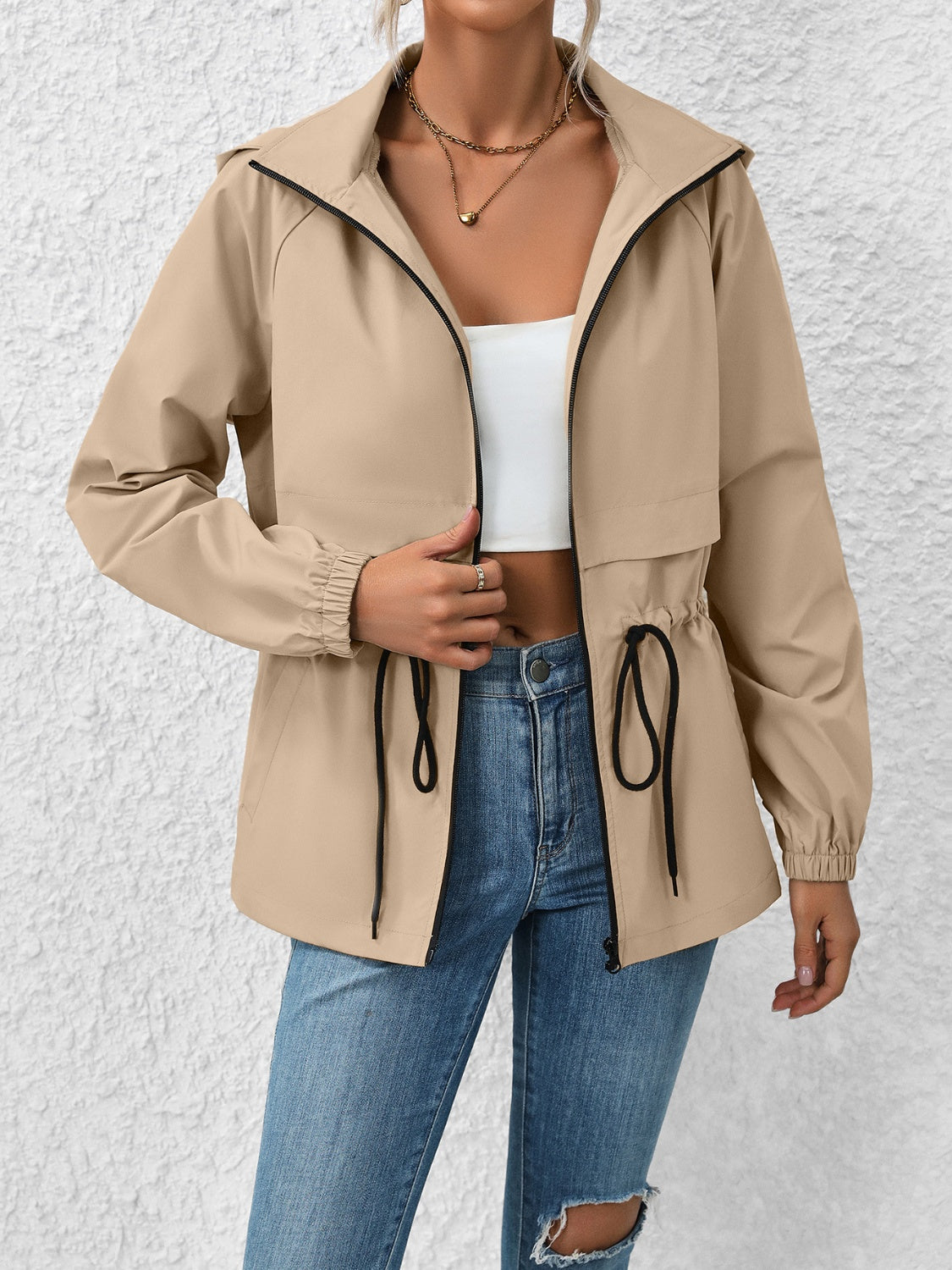 Ivy Lane Drawstring Zip Up Hooded Jacket