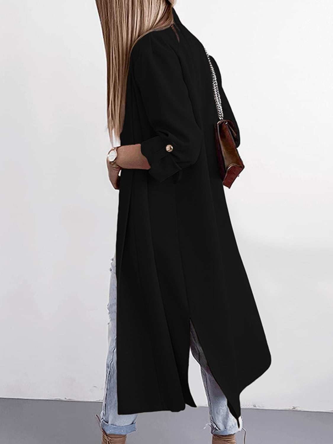 A Classic Slit Open Front Roll-Tab Sleeve Trench Coat