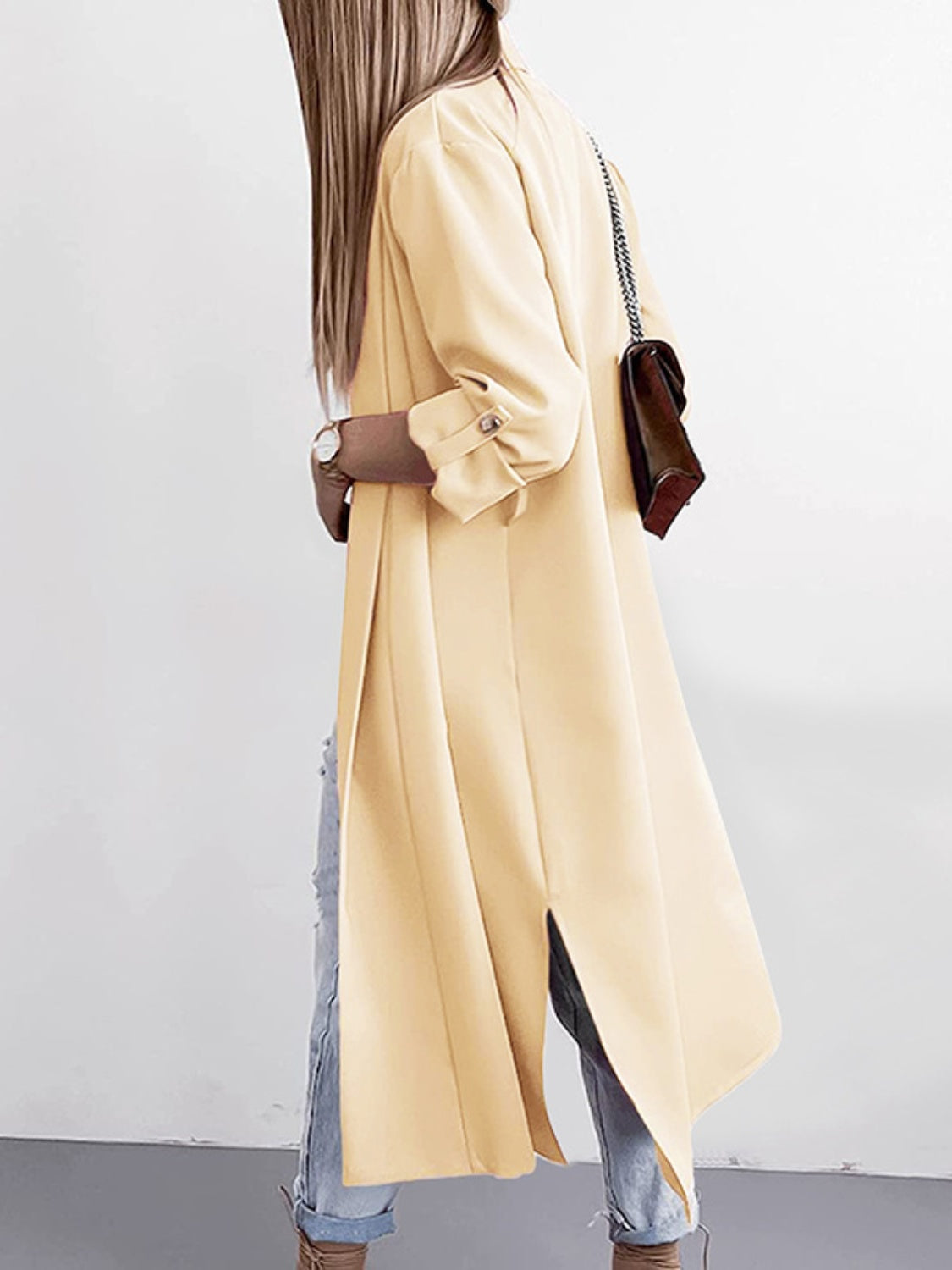 A Classic Slit Open Front Roll-Tab Sleeve Trench Coat