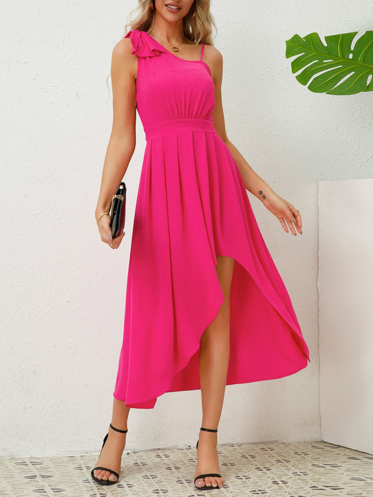 A Bow Asymmetrical Neck Sleeveless Dress