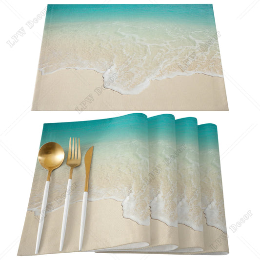 A Beach themed 4/6 Pcs Placemat Ocean Beach Waves Kitchen Placemat Home Decoration Dining Table Mats Coffee Coaster Mat