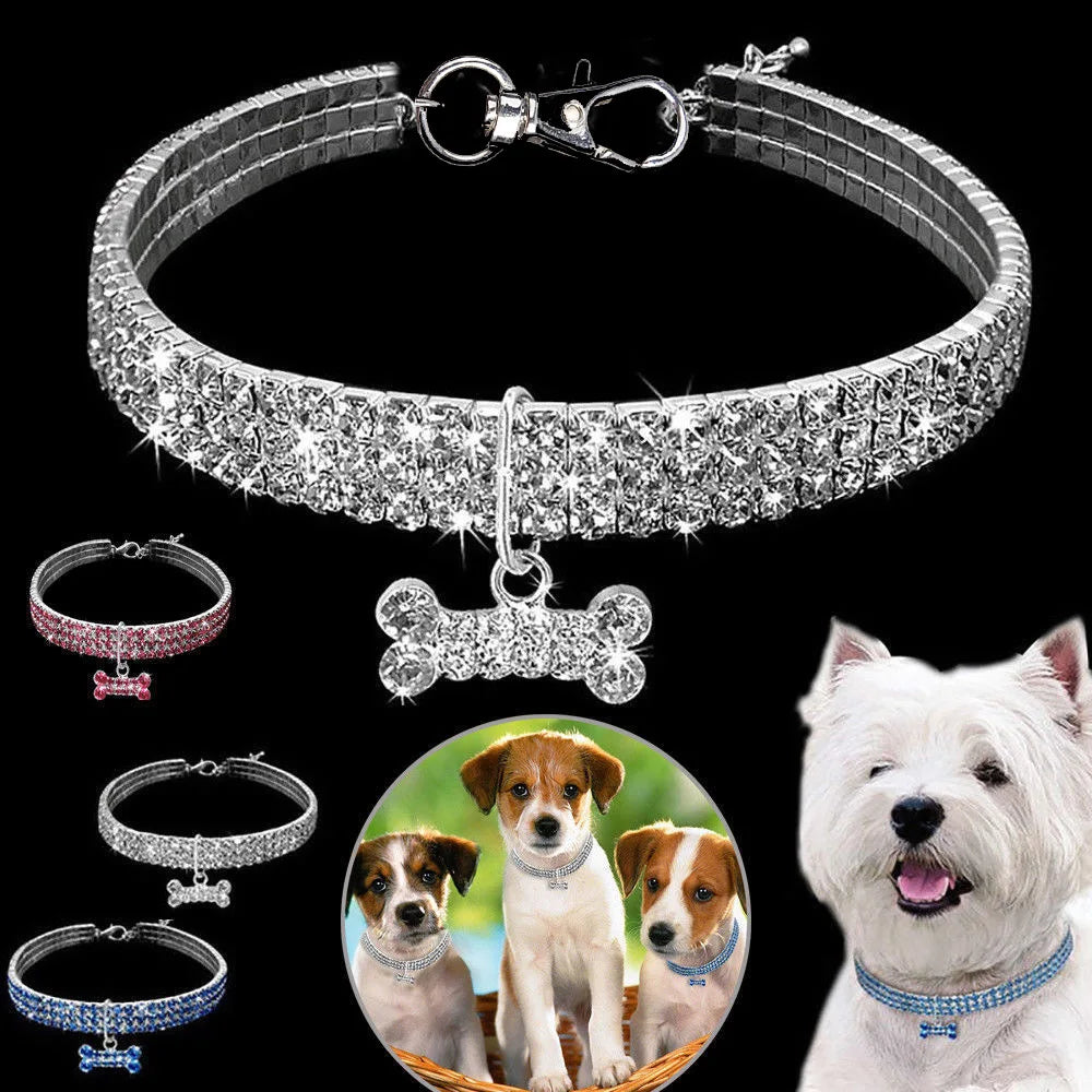 Luxury Dog Collar for Big Small Dog Luxury Glitter Jeweled Bone Pendent Luxury Elastic Crystal Dog Collar Dog Accessories