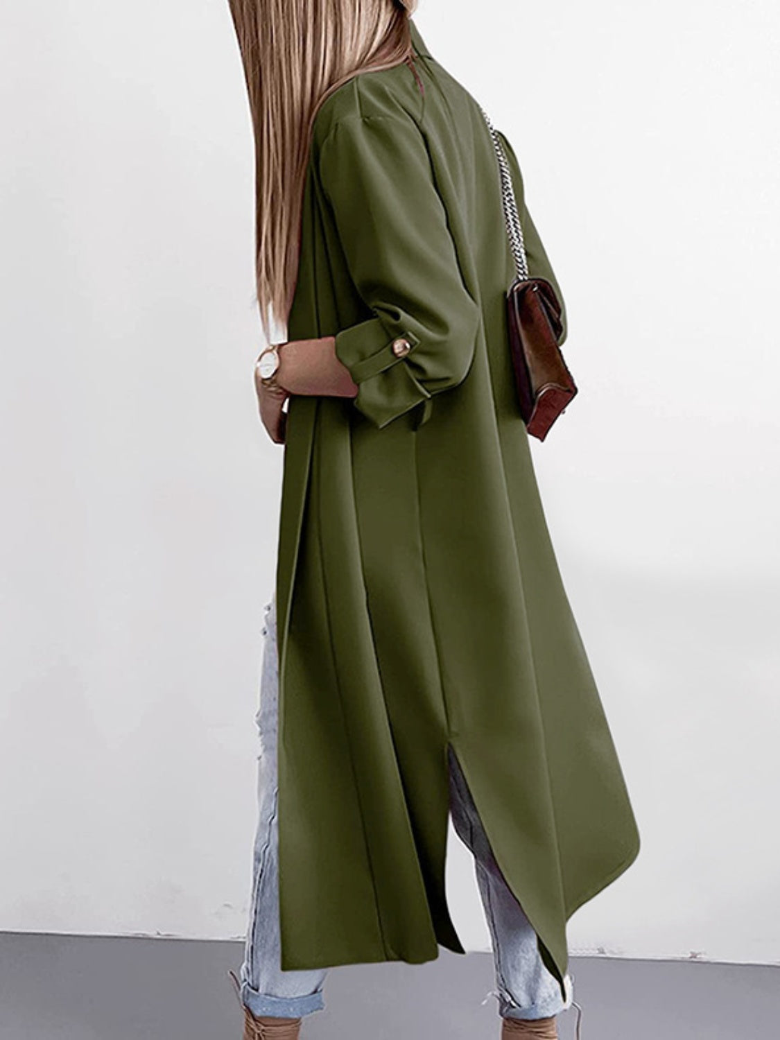 A Classic Slit Open Front Roll-Tab Sleeve Trench Coat