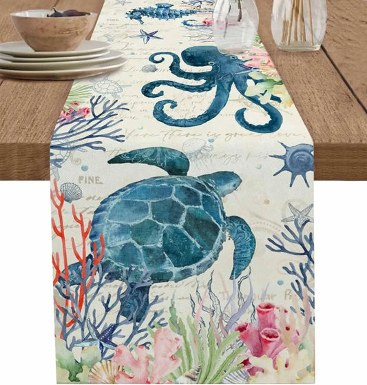 Summer Sea Turtle Coral Beach Linen Table Runners Dresser Scarf Table Decor Reusable Kitchen Table Runners Party Decorations