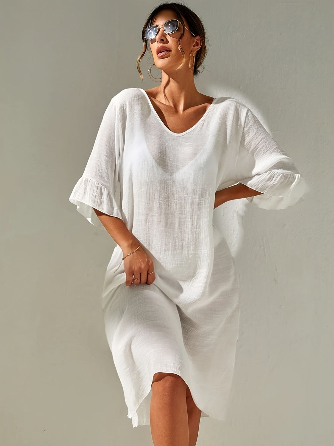 A Beautiful Beach Cover up.  Slit V-Neck Flounce Sleeve