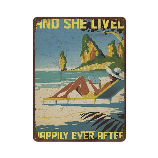 Vintage Tin Sign,Metal Plate Decorative Sign,Beach and She Lived Happily Ever AfterTin Sign Art Print Decor Home,Iron W