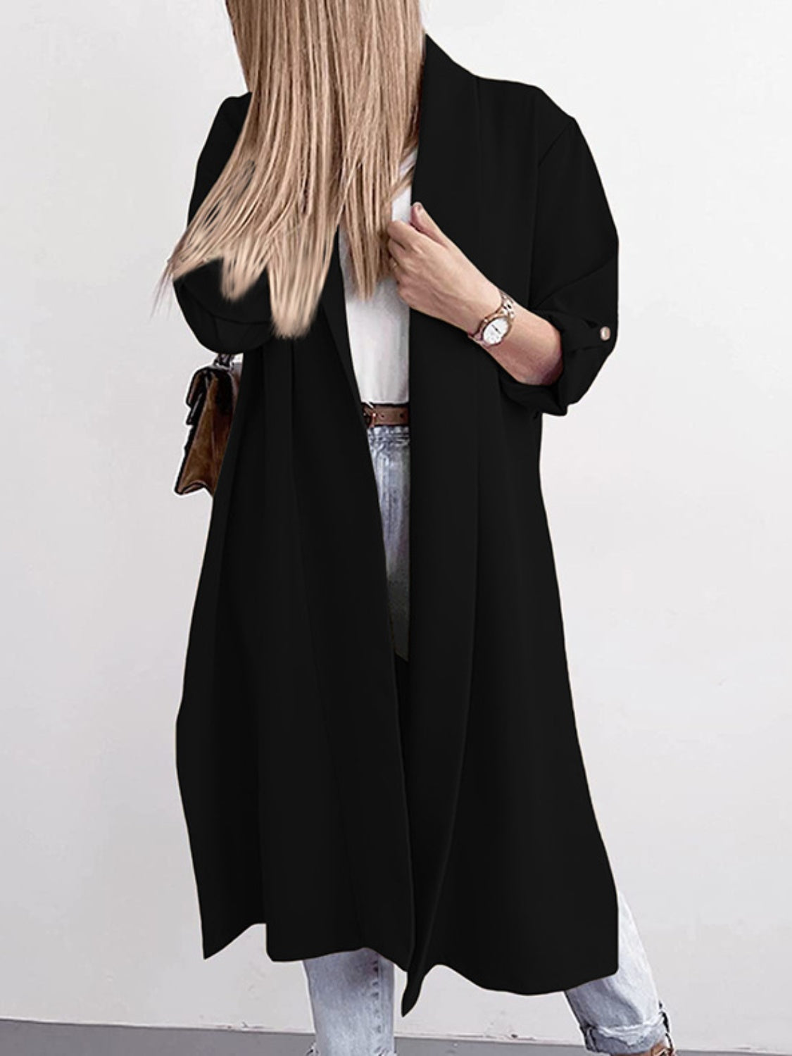 A Classic Slit Open Front Roll-Tab Sleeve Trench Coat