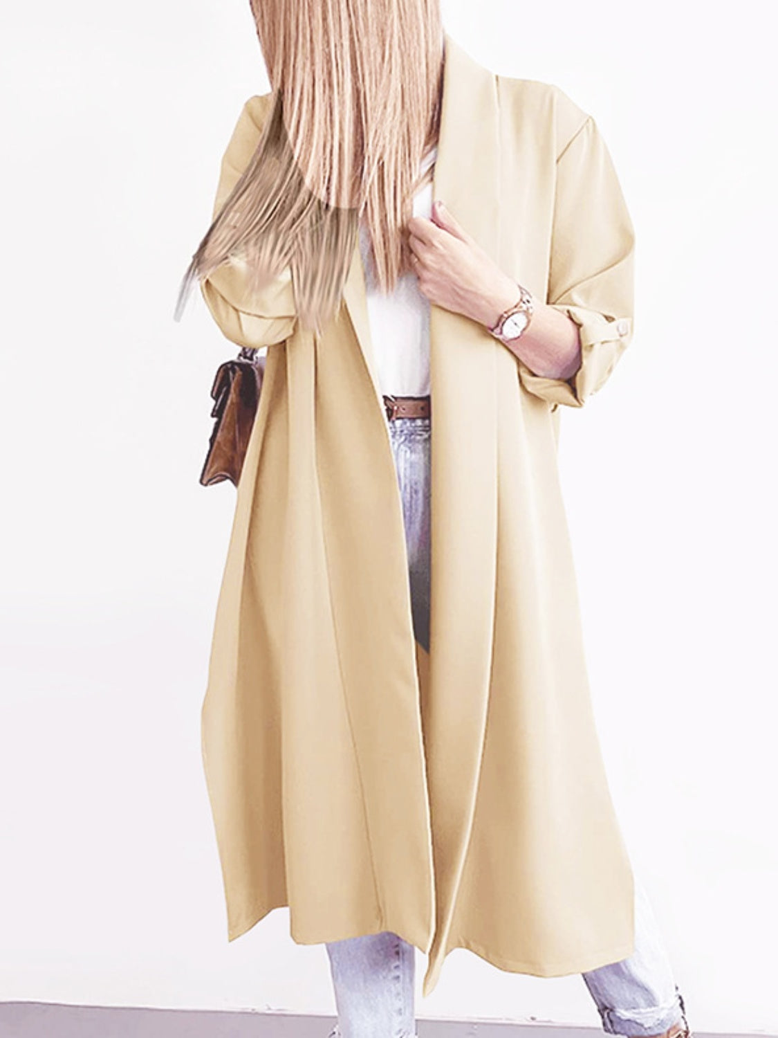 A Classic Slit Open Front Roll-Tab Sleeve Trench Coat