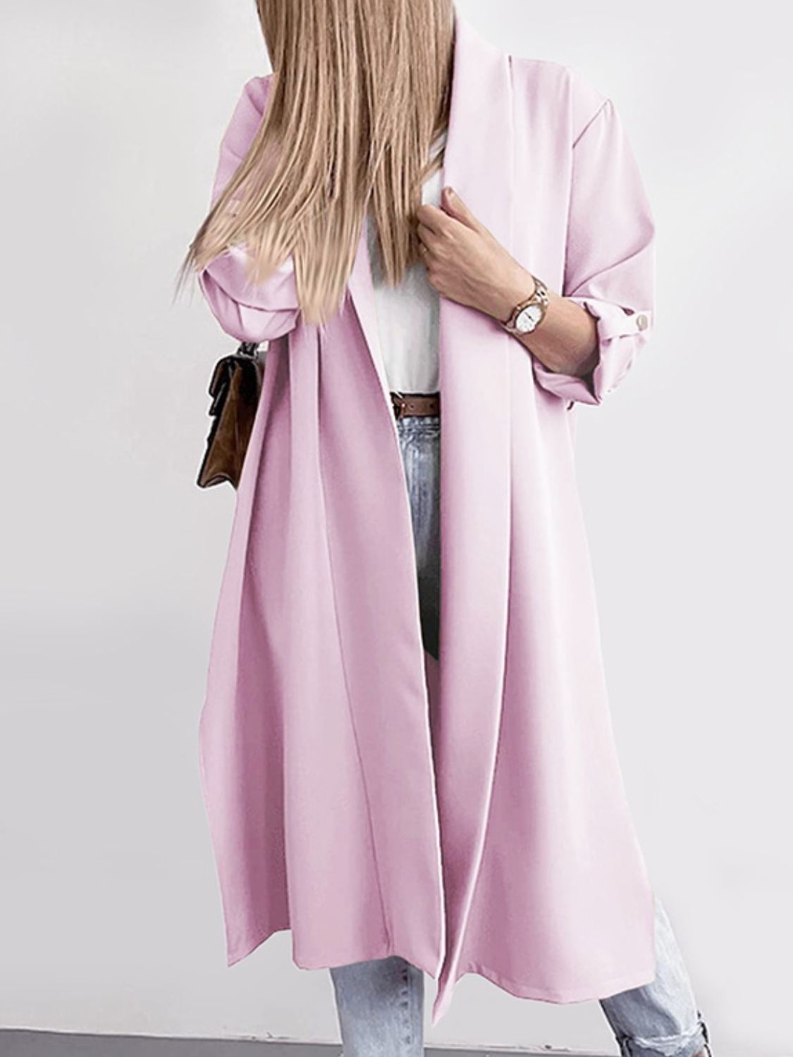 A Classic Slit Open Front Roll-Tab Sleeve Trench Coat