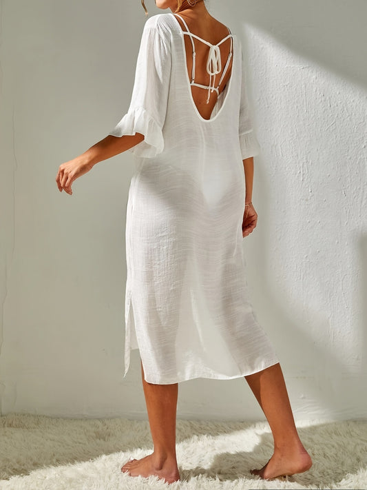 A Beautiful Beach Cover up.  Slit V-Neck Flounce Sleeve