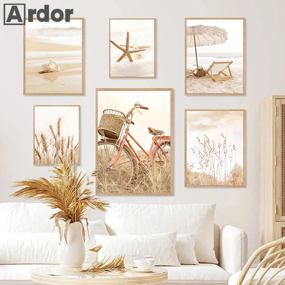 Boho Beige Beach Starfish Shells Reeds Bike Wall Art Canvas Painting Nordic Posters And Prints Pictures Living Room Home Decor