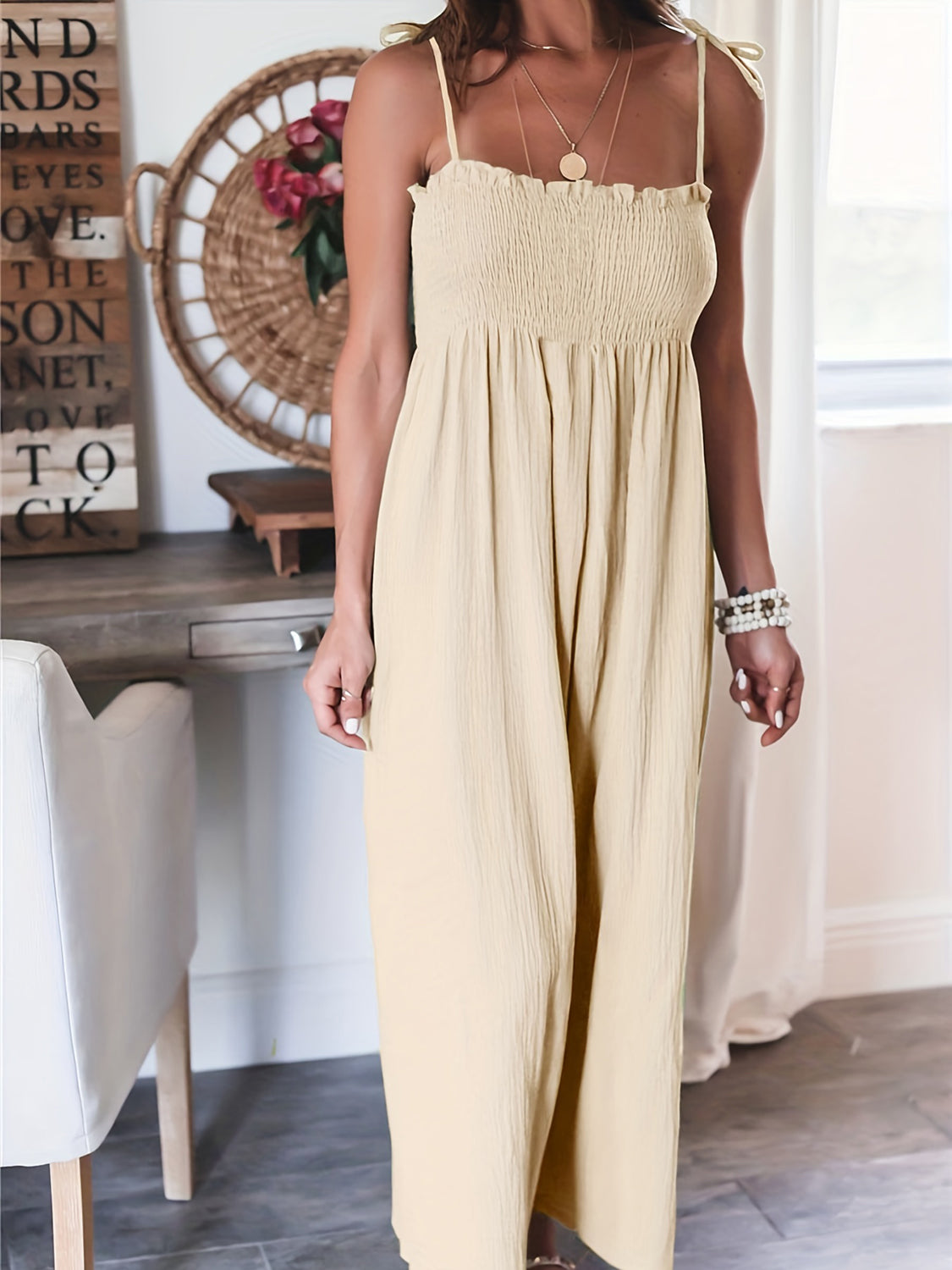 Full Size Smocked Spaghetti Strap Wide Leg Jumpsuit